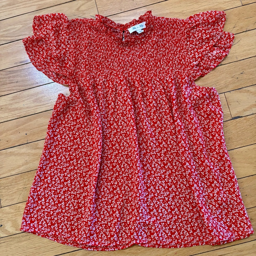She + Sky Red Floral Smocked Bodice Dress - Picture 1 of 6